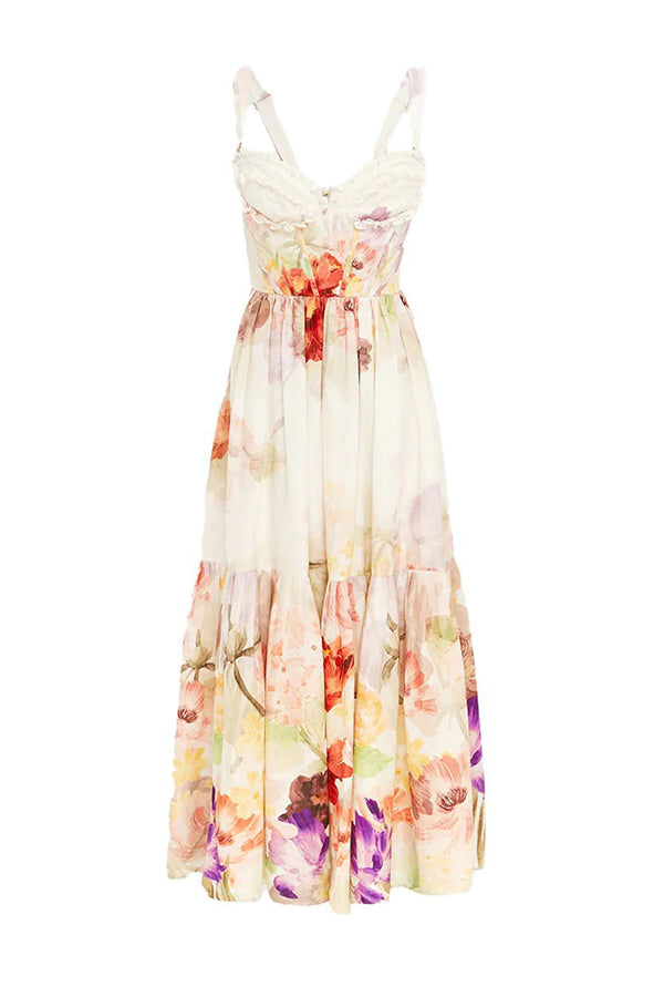 Romantic Data Floral Floral Ruffle Detaliu Pocketed Corset Maxi rochie formală / vacanță