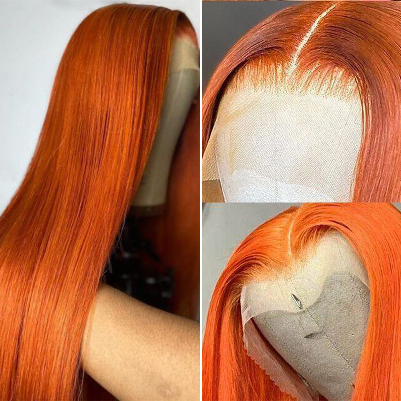 YMS Orange Ginger Color 13X4 Lace Front Wigs Brazilian Straight Invisible Lace Closure Human Hair Wigs Pre Plucked Hairline