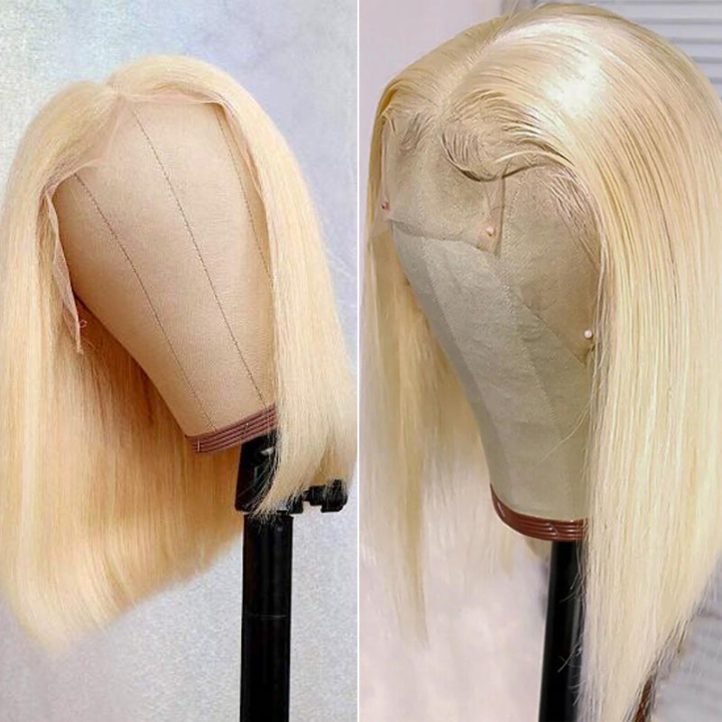 YMS 13x4 Bob Wig 613# Blonde Lace Front Human Hair Wig Remy Brazilian Short Straight Blonde Colored 4X4 Lace Closure Wigs for Women