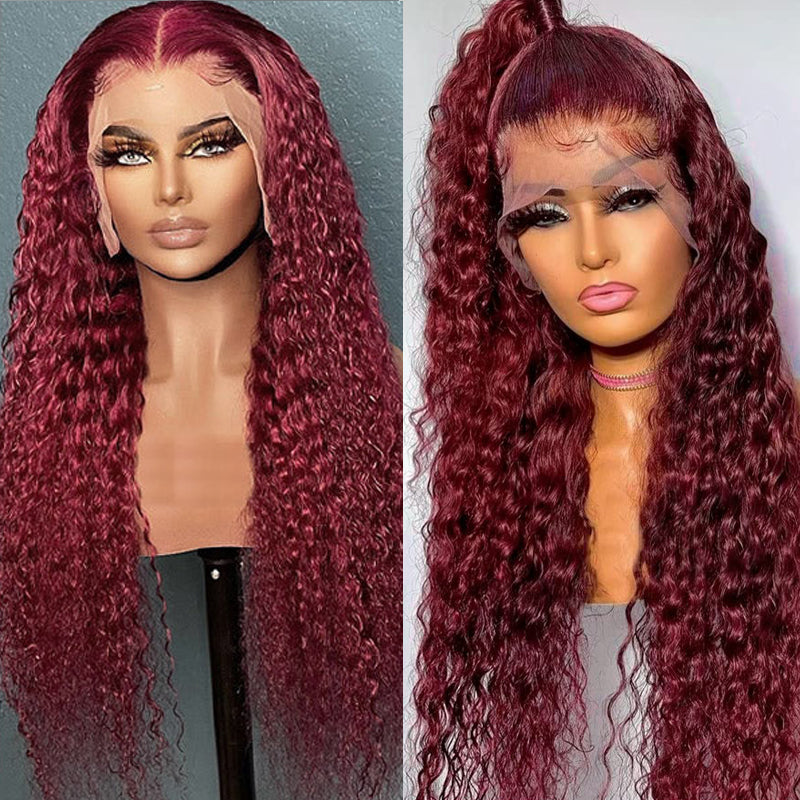 YMS Colored Burgundy Deep Wave Lace Front Wigs Human Hair 99J# Pre Plucked HD Transparent Lace Frontal Wigs