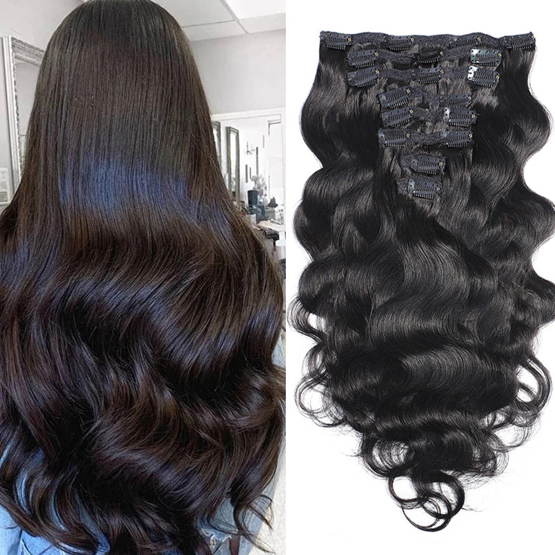 YMS Body Wave Clip in Hair Extensions for Black Women Body Wave Human Hair Clip in Hair Extensions Natural Black Color Brazilian Virgin Hair 8/Pcs per Set with 18 Clips