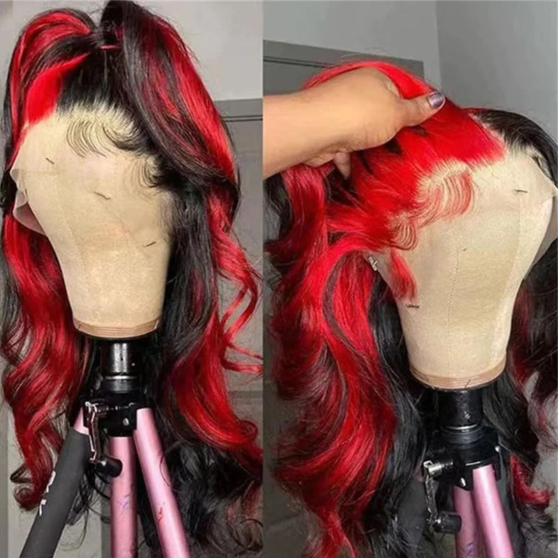 YMS Red Highlight Body Wave Lace Front Wig 13x4 Brazilian Human Hair Wigs Pre Plucked