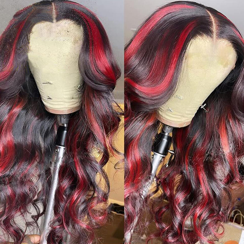 YMS Red Highlights Lace Front Wig Pre Plucked Body Wave Colored Human Hair Wigs Transparent Lace Closure Wigs