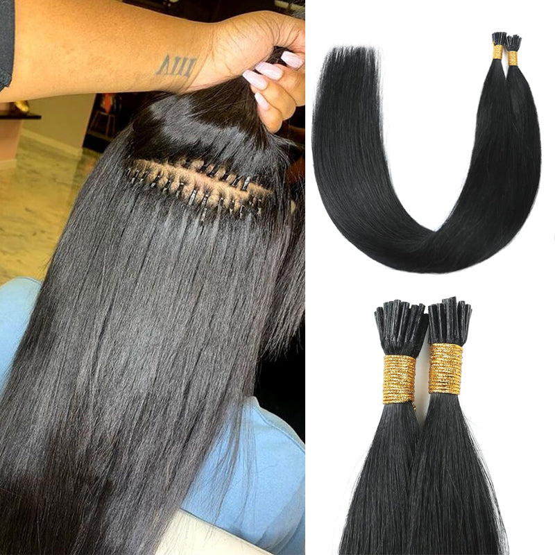 YMS I Tip Human Hair Extensions Jet Black Keratin Hair Extensions Remy Straight Stick Tip Real Human Hair Extensions #1B Natural Black 1g/Strand