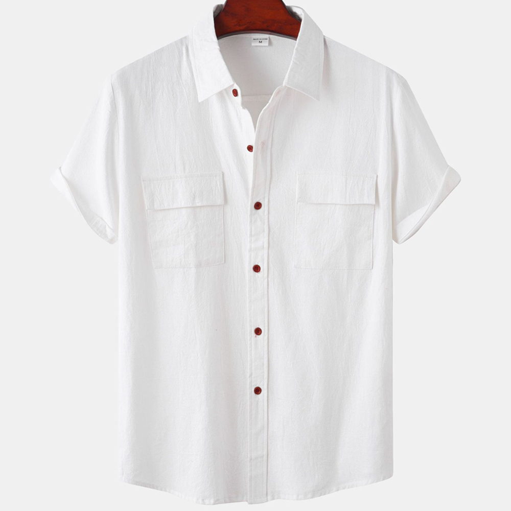 Diggetty Solid color double pocket linen short sleeve shirt for men