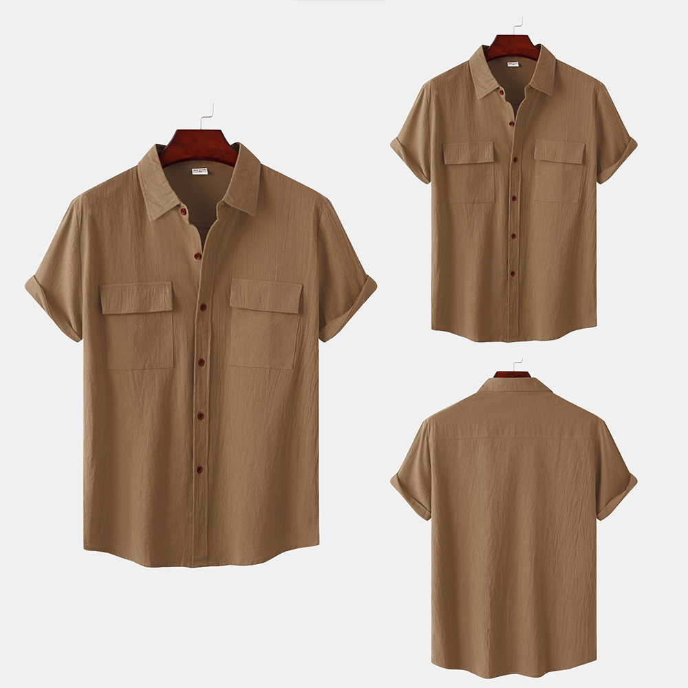 Diggetty Solid color double pocket linen short sleeve shirt for men