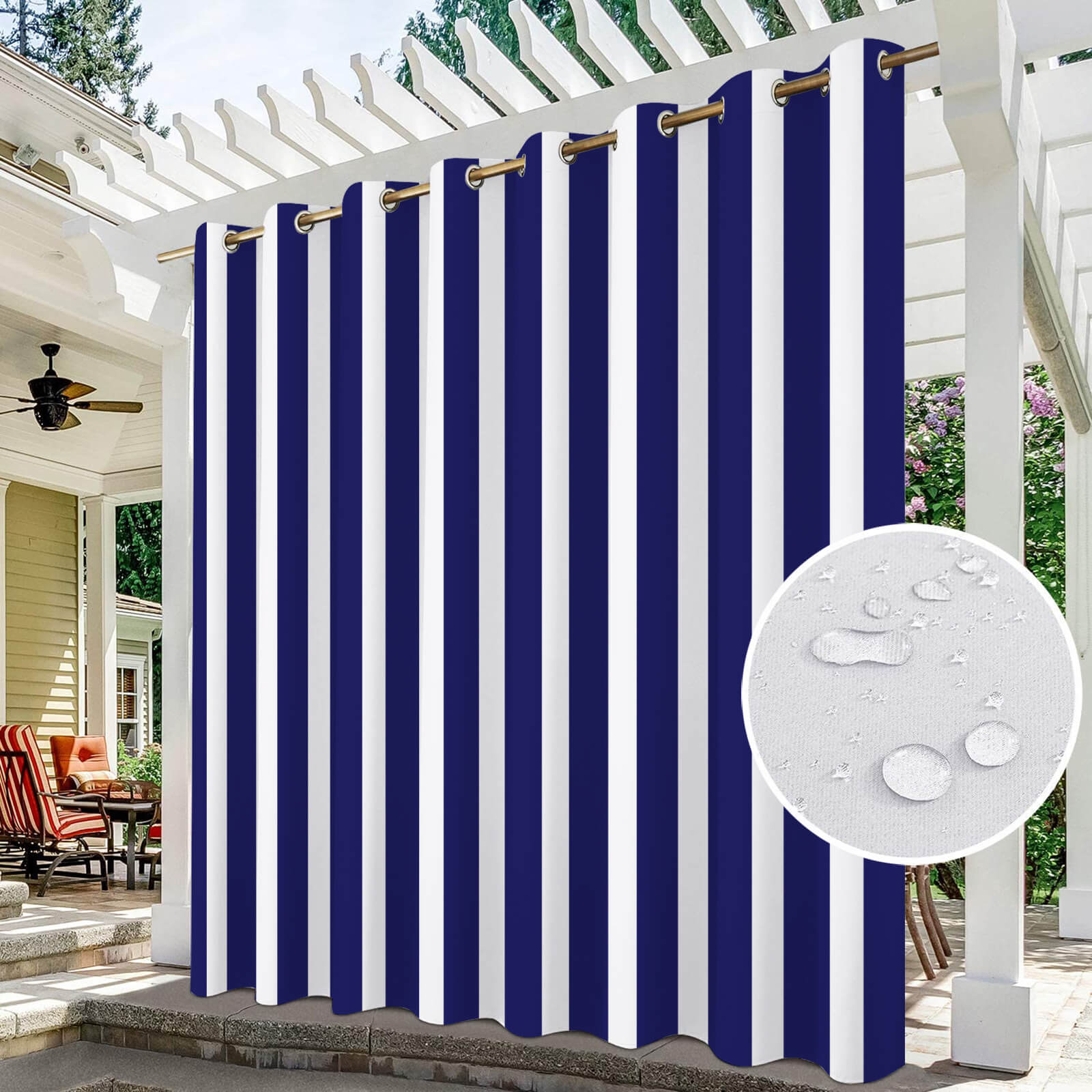 Dark Blue Stripe Curtains/Drapes 1 Panel | Waterproof Curtains Grommet Top & Bottom | Custom Outdoor Curtains
