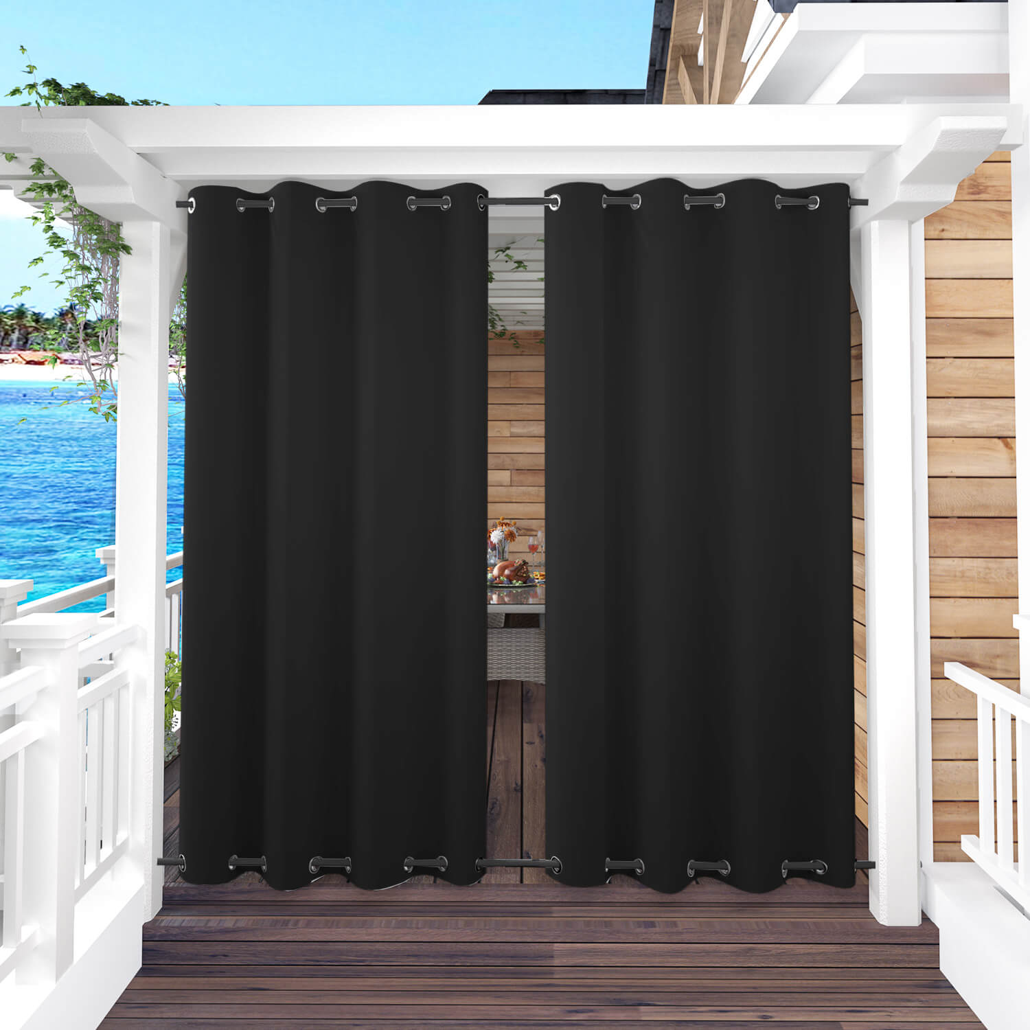 Snowcity Outdoor Curtains Waterproof Grommet Top & Bottom 1 Panel - Raven Black