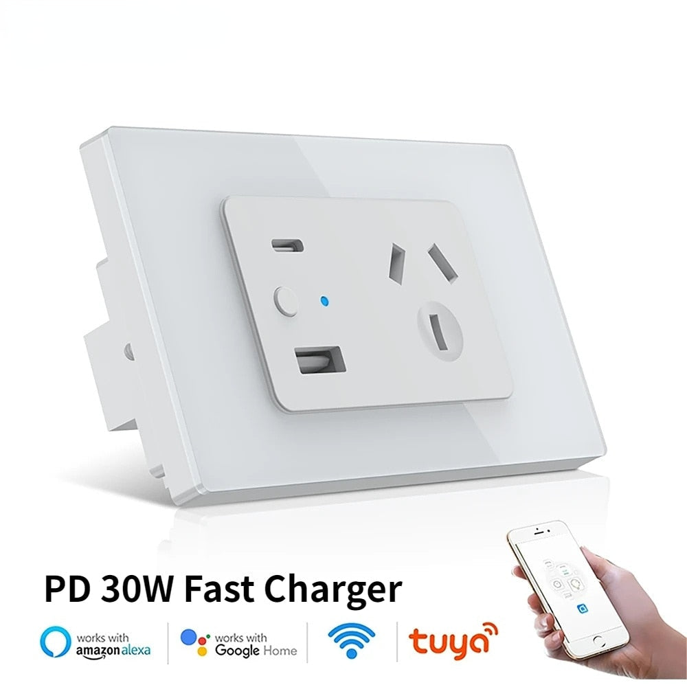 Melery  Austrial Power Wall Socket Smart Life Tuya Wifi USB 4.8A Type C PD 30W for Iphone AU Plug Outlet Glass Panel Alexa Google Home-Melery