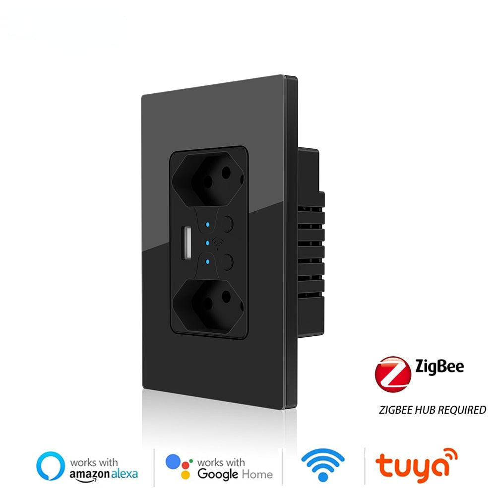 Melery Zigbee Tuya Smart Brazil Light Switch Tomada Wall Socket Brazilian Plug Outlet Glass Panel Remote by Alexa Google Home-Melery
