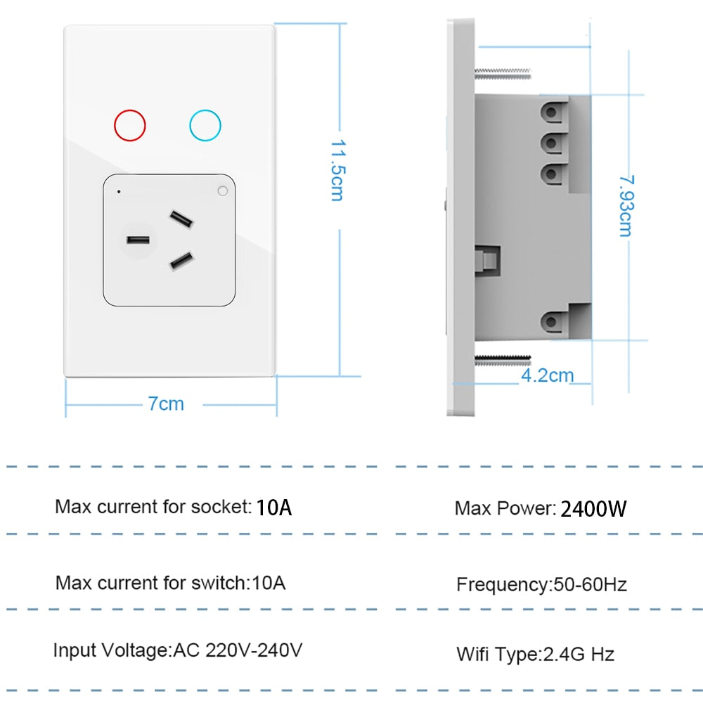 Melery  Tuya Light Wall Switch AU Plug Smart Life WiFi Socket Austrial Outlet Touch Sensor Glass Panel Interruptor by Alexa Google Home-Melery