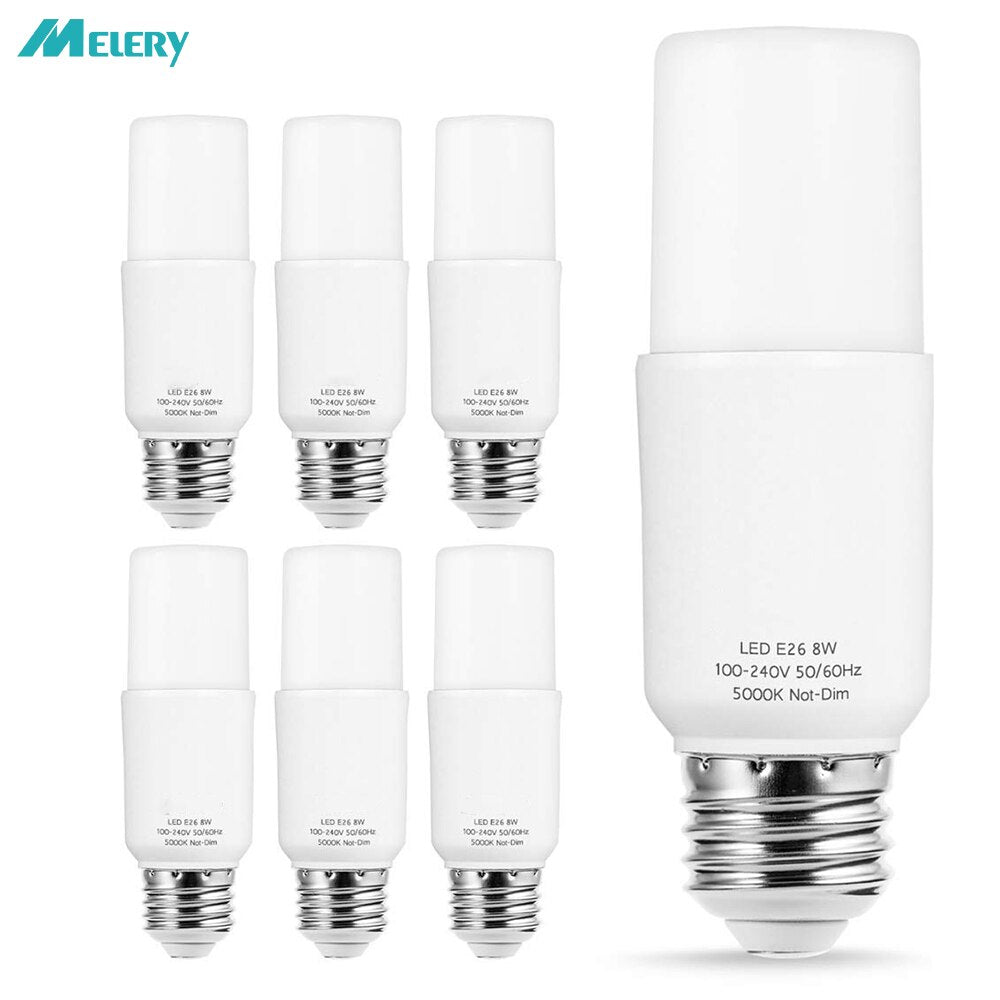 Melery E27 E26 Tubular LED Light Bulb 5000K Daylight White 8W Equivalent 60W 800 Lumens 360 Degree Lamp for Home Commercial Place 6Pack