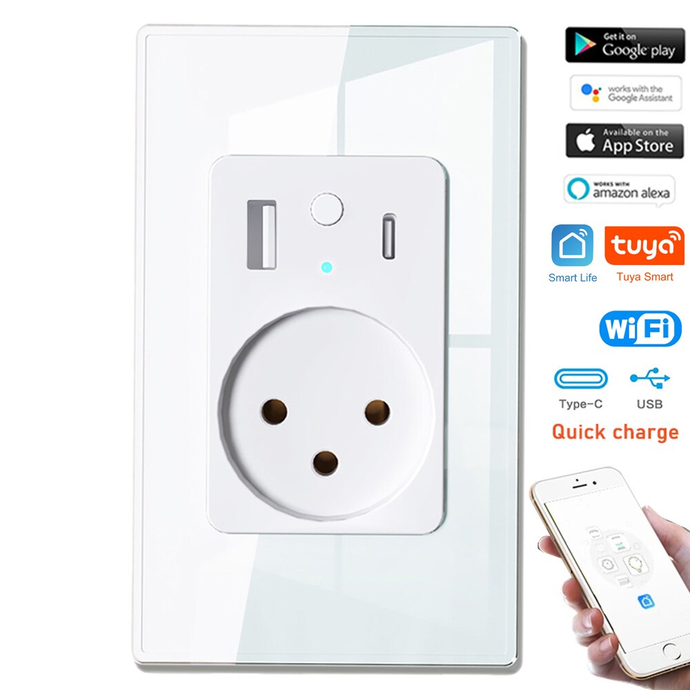 Melery Tuya Israel Power Wall Socket Wifi Smart Life USB 4.8A Type C PD 30W for Iphone EU Plug Outlet Glass Panel by Alexa Google Home-Melery