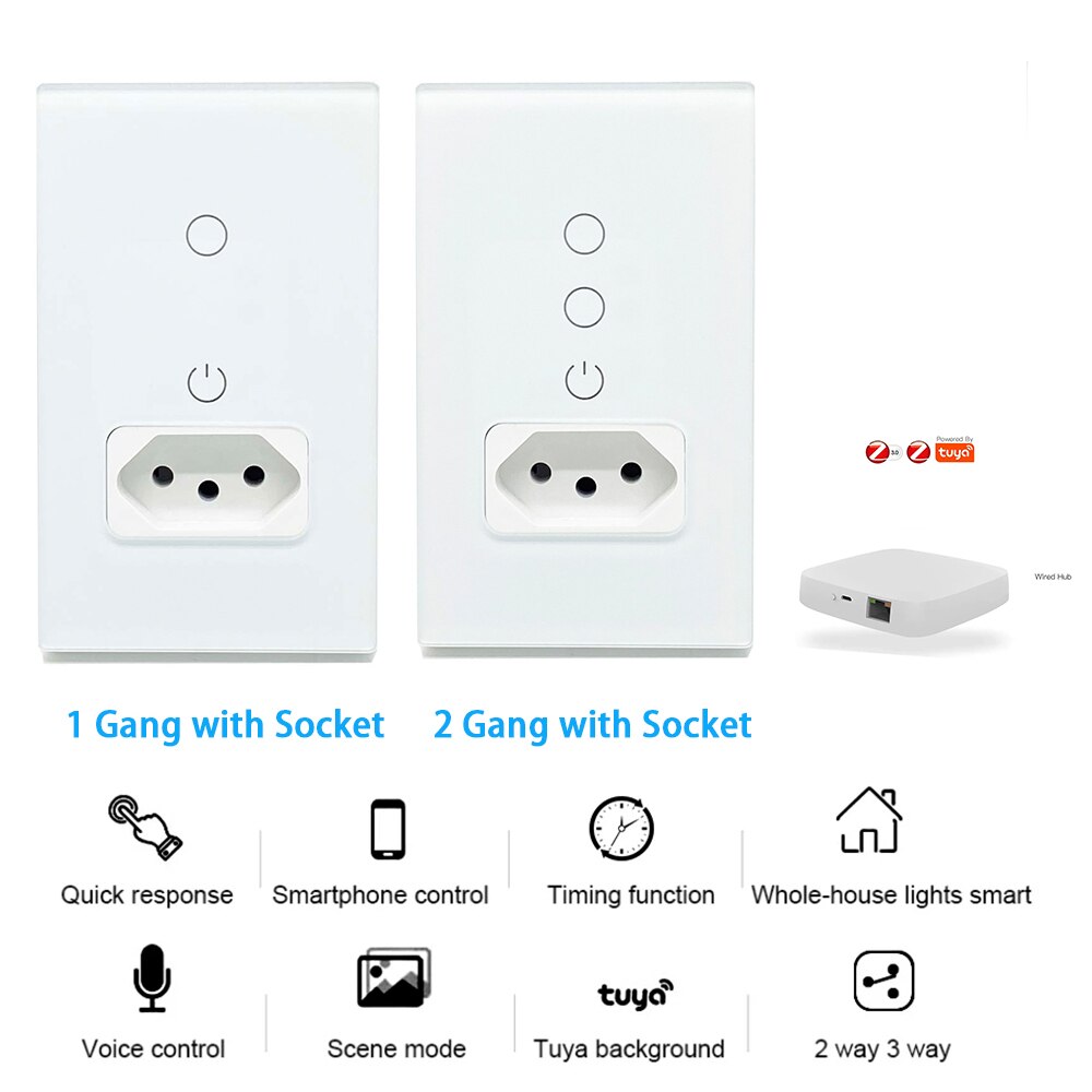 Melery  Zigbee Smart Tuya Brazil Light Switch Wall Socket Electrical Brazilian Plug Brasil Outlet Glass Panel Intelligent Wireless Remote Control by Alexa Google Home-Melery