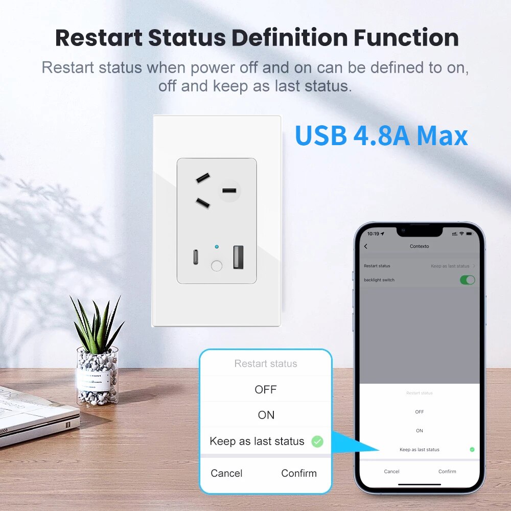 Melery  Austrial Power Wall Socket Smart Life Tuya Wifi USB 4.8A Type C PD 30W for Iphone AU Plug Outlet Glass Panel Alexa Google Home-Melery