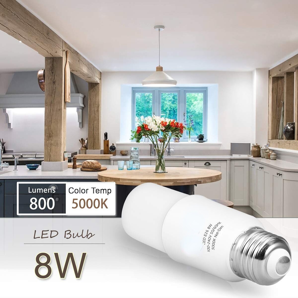 E27 E26 Tubular LED Light Bulb 5000K Daylight White 8W Equivalent 60W 800 Lumens 360 Degree Lamp for Home Commercial Place 6Pack-Melery