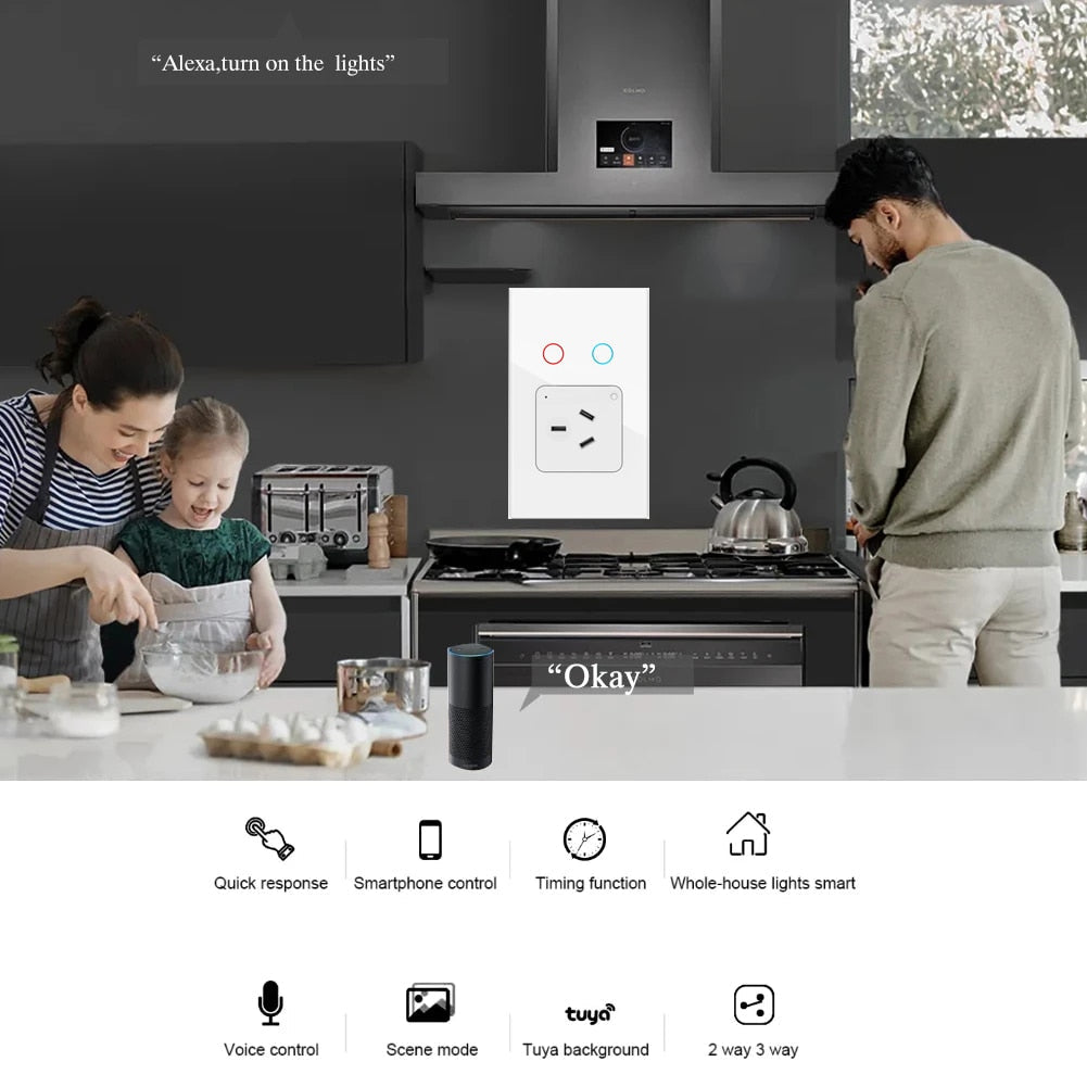 Melery  Tuya Light Wall Switch AU Plug Smart Life WiFi Socket Austrial Outlet Touch Sensor Glass Panel Interruptor by Alexa Google Home-Melery