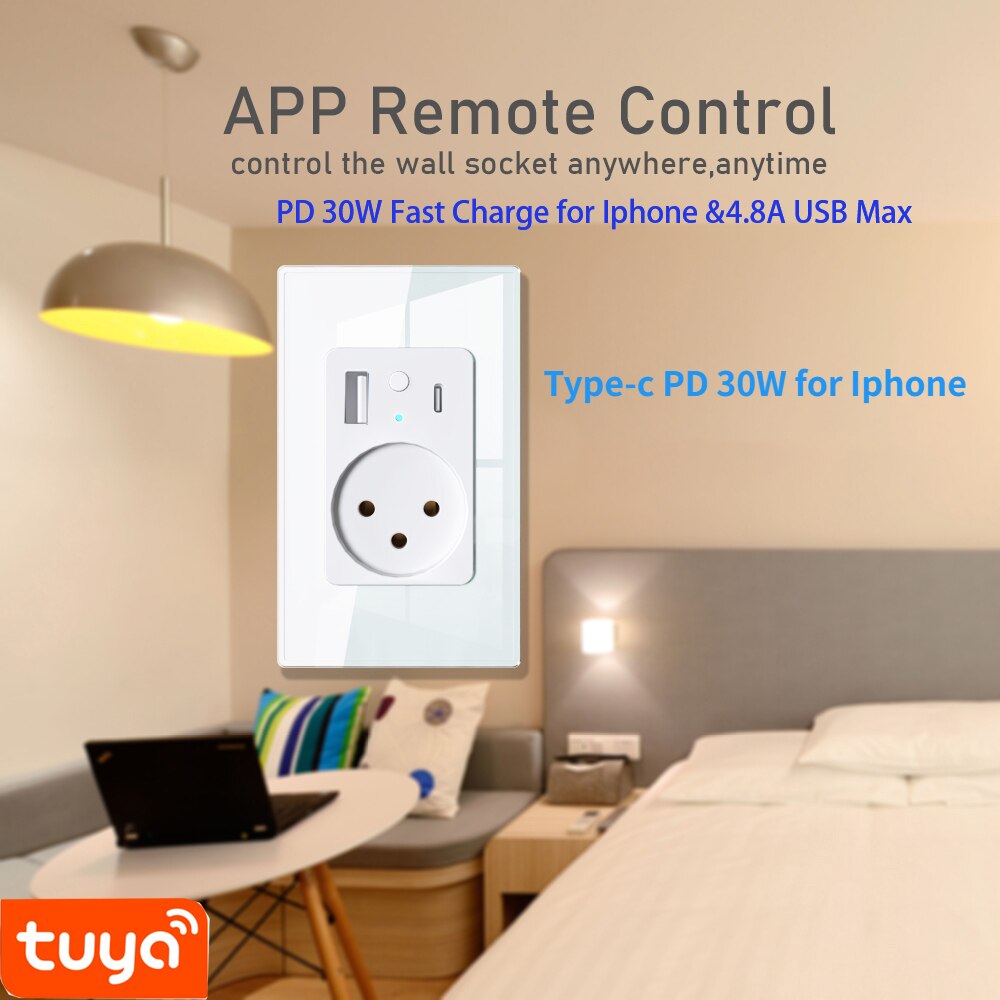 Melery Tuya Israel Power Wall Socket Wifi Smart Life USB 4.8A Type C PD 30W for Iphone EU Plug Outlet Glass Panel by Alexa Google Home-Melery