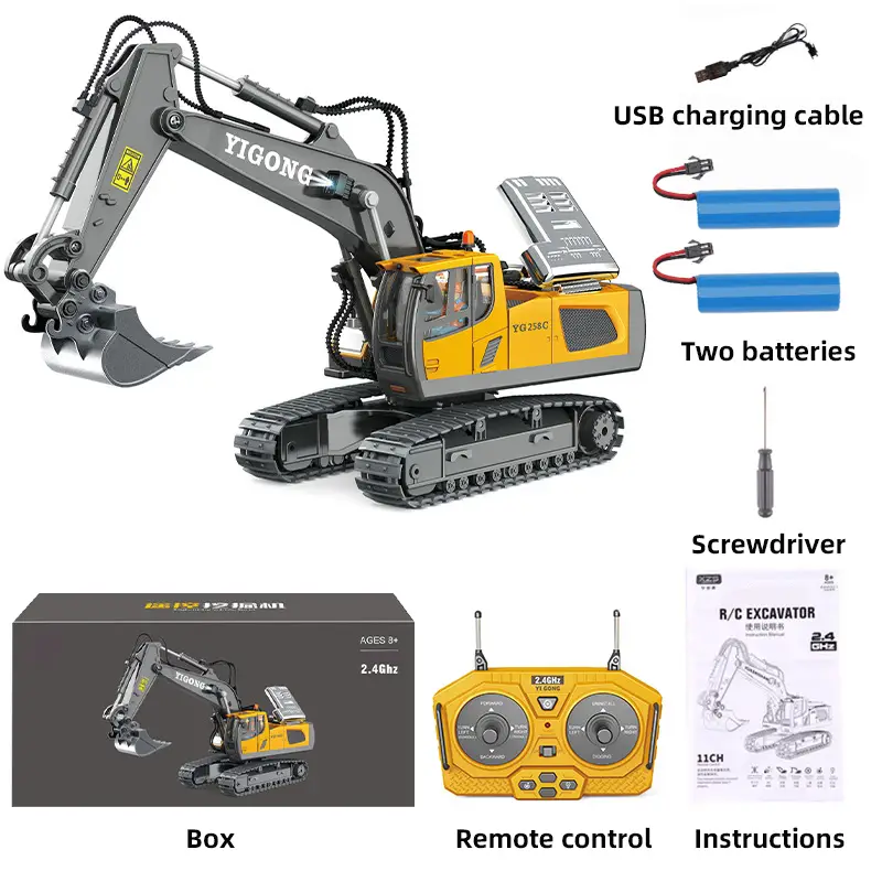 2 4ghz remote control excavator 2 batteries toy metal shovel 11 channel rc construction bulldozer vehicles digger toys gift with light and sound for 6 7 8 9 10 years old kids boys details 23