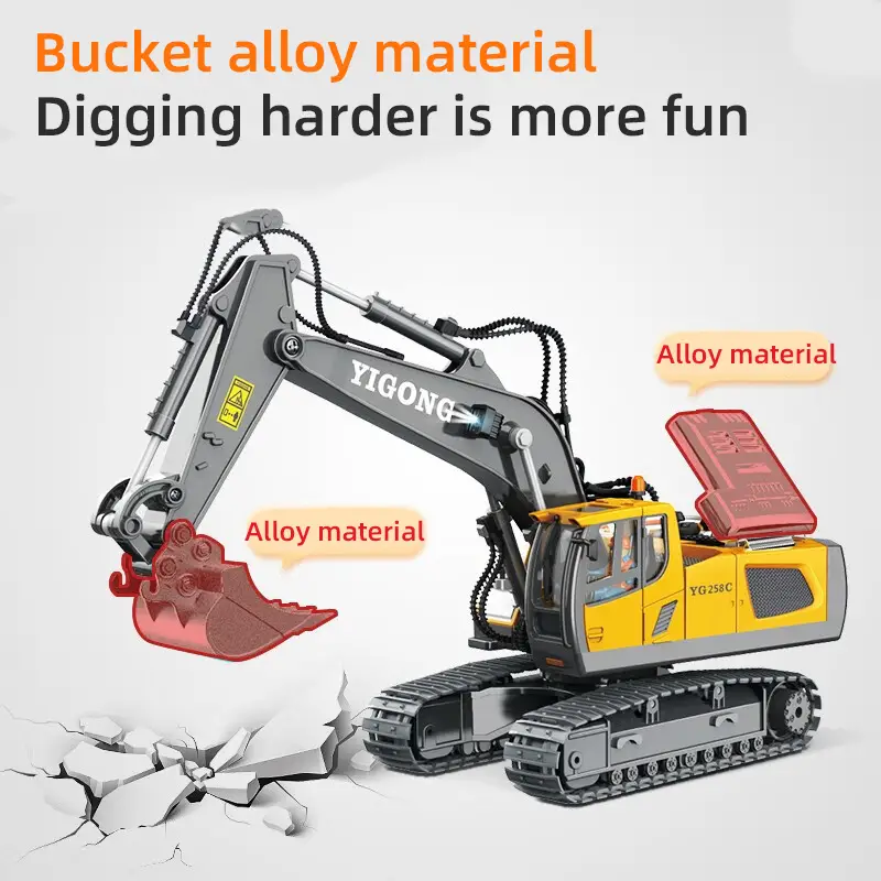 2 4ghz remote control excavator 2 batteries toy metal shovel 11 channel rc construction bulldozer vehicles digger toys gift with light and sound for 6 7 8 9 10 years old kids boys details 2