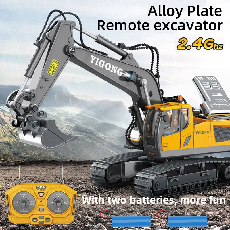 2 4ghz remote control excavator 2 batteries toy metal shovel 11 channel rc construction bulldozer vehicles digger toys gift with light and sound for 6 7 8 9 10 years old kids boys details 0