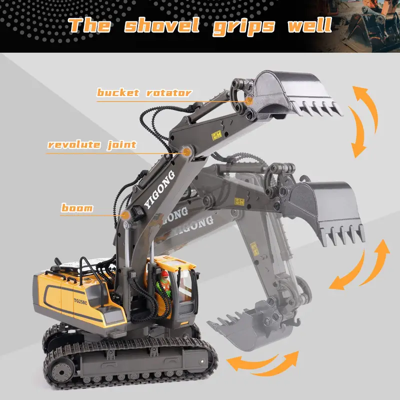2 4ghz remote control excavator 2 batteries toy metal shovel 11 channel rc construction bulldozer vehicles digger toys gift with light and sound for 6 7 8 9 10 years old kids boys details 7