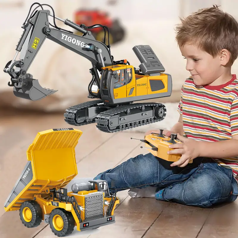 2 4ghz remote control excavator 2 batteries toy metal shovel 11 channel rc construction bulldozer vehicles digger toys gift with light and sound for 6 7 8 9 10 years old kids boys details 1