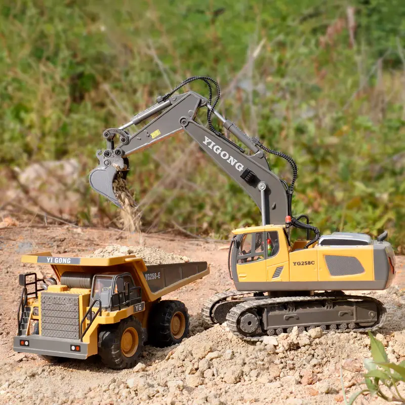 2 4ghz remote control excavator 2 batteries toy metal shovel 11 channel rc construction bulldozer vehicles digger toys gift with light and sound for 6 7 8 9 10 years old kids boys details 4