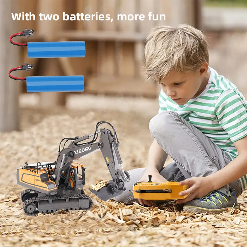 2 4ghz remote control excavator 2 batteries toy metal shovel 11 channel rc construction bulldozer vehicles digger toys gift with light and sound for 6 7 8 9 10 years old kids boys details 3