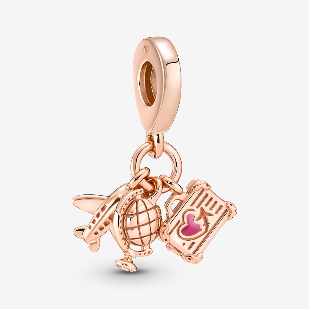 Rose-Plated Airplane, Globe, & Suitcase Dangle Charm
