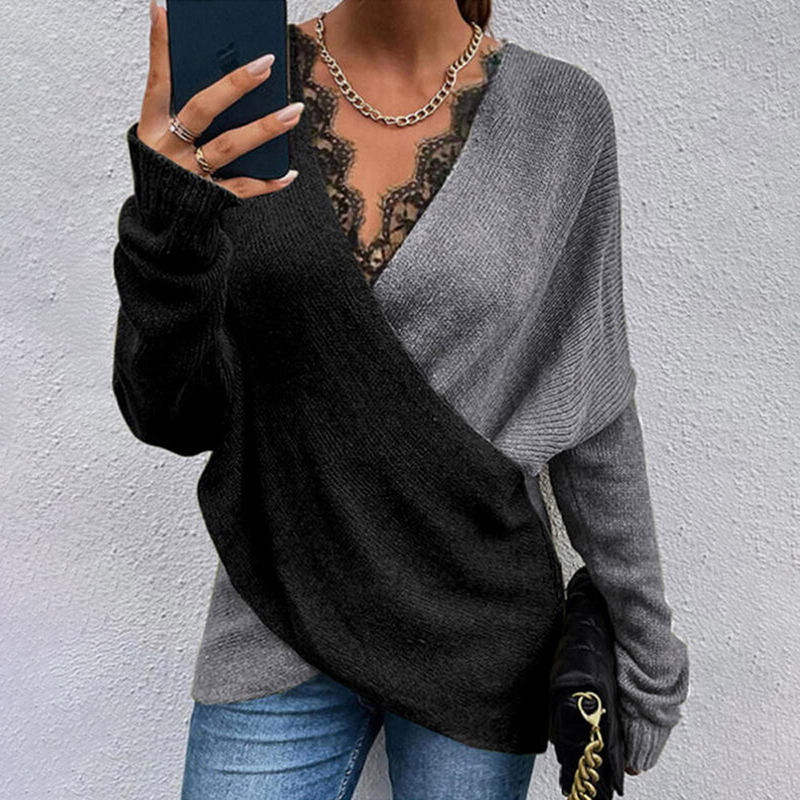 Colorblock V Neck Panel Lace Loose Sweater-ABOXUN