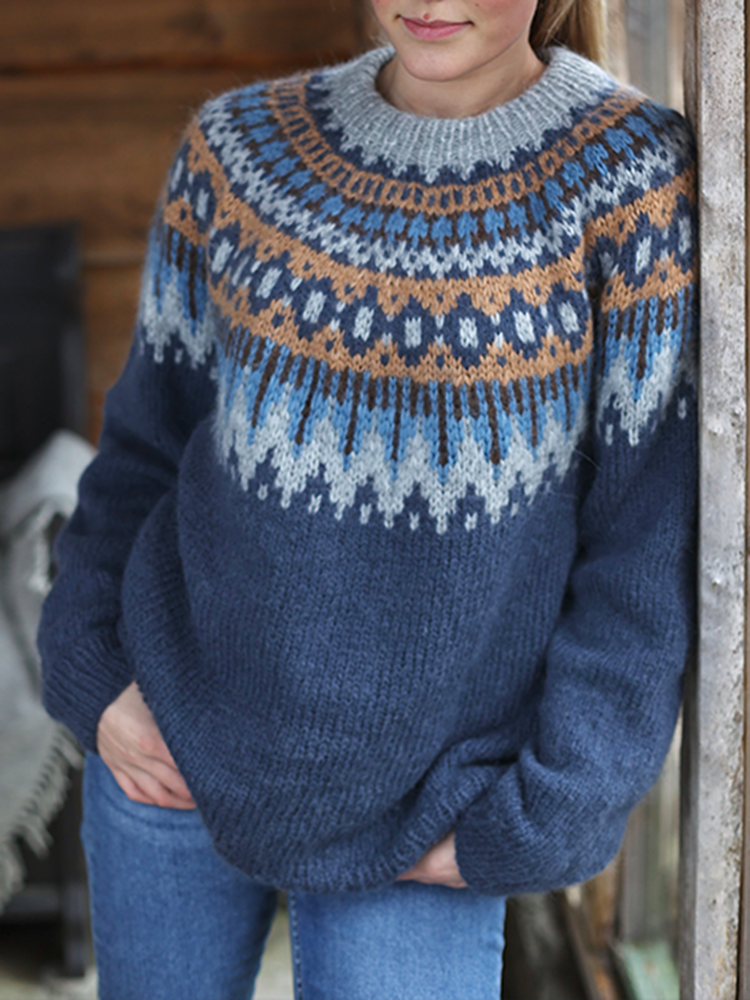 Vintage Fairman Island Contrast Panel Jacquard Sweater-ABOXUN