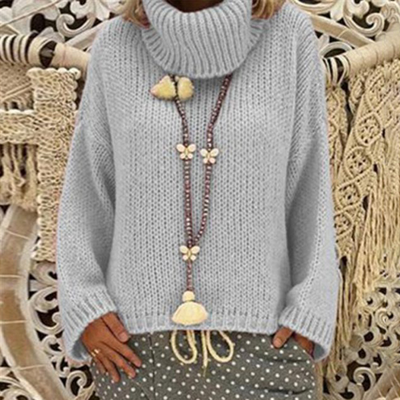 Vintage Solid Color Long Sleeve Loose Pullover Turtleneck Sweater-ABOXUN