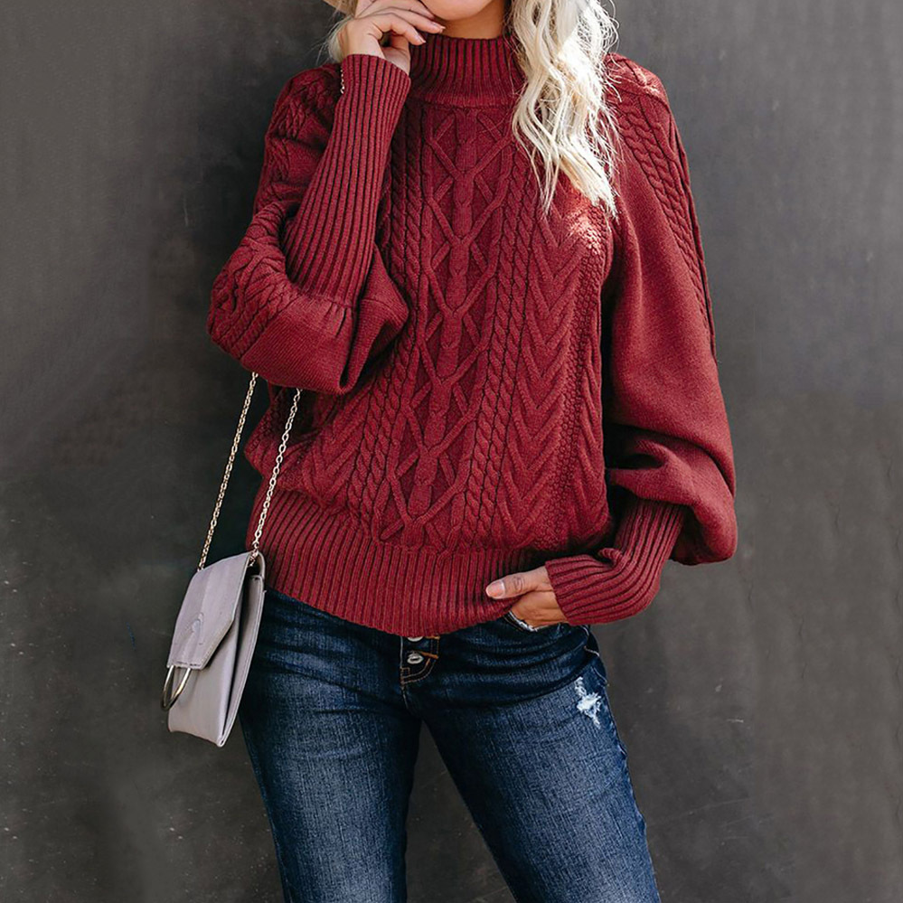 Loose Solid Color Lantern Sleeve Sweater-ABOXUN