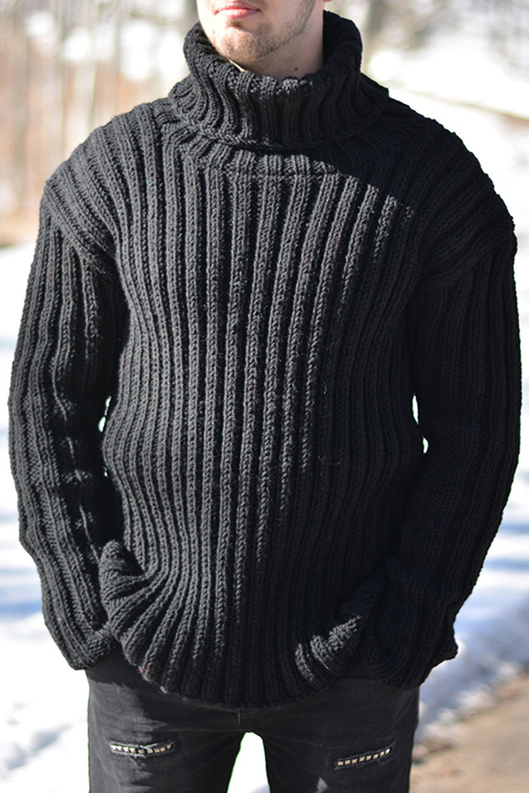 High Collar Solid Color Pit Strip Chunky Wool Sweater-ABOXUN