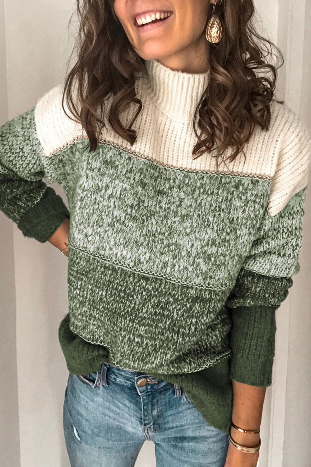 Striped Stitching Turtleneck Contrast Sweater-ABOXUN