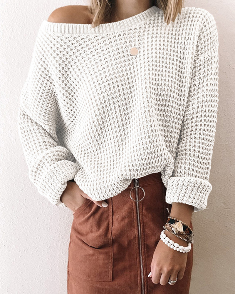 Loose Solid Color Inclined Collar Long Sleeve Knitted Sweater-ABOXUN