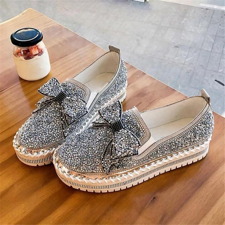 👡Women Shining Rhinestone Slip-on Loafers with Cute Bowknot-ABOXUN