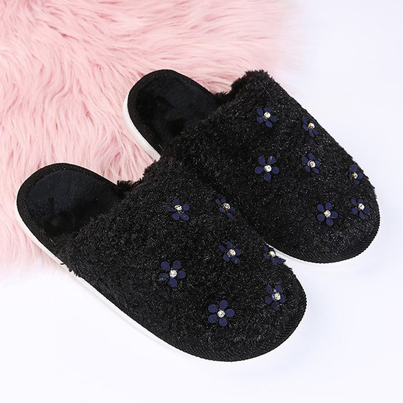 Rhinestone Flower Decorated Fluffy Closed Toe Flat Cotton Slippers-ABOXUN