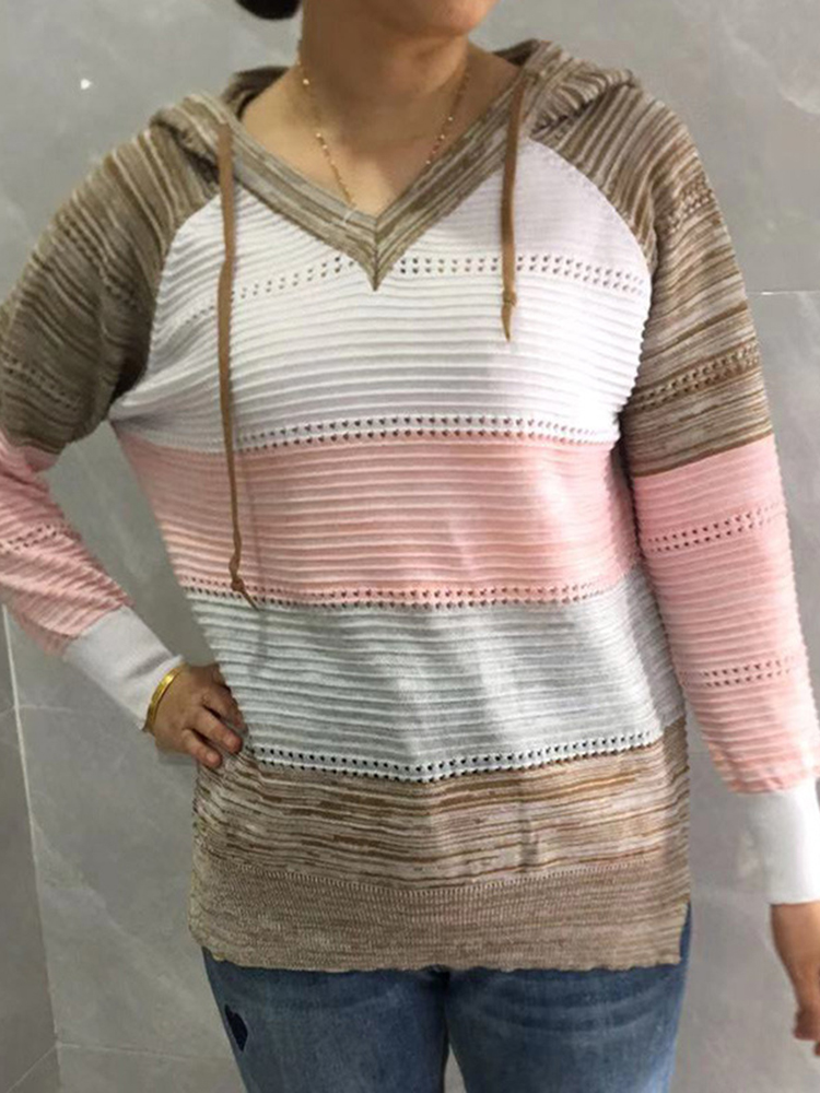 Vintage V-Neck Contrast Hooded Sweater-ABOXUN