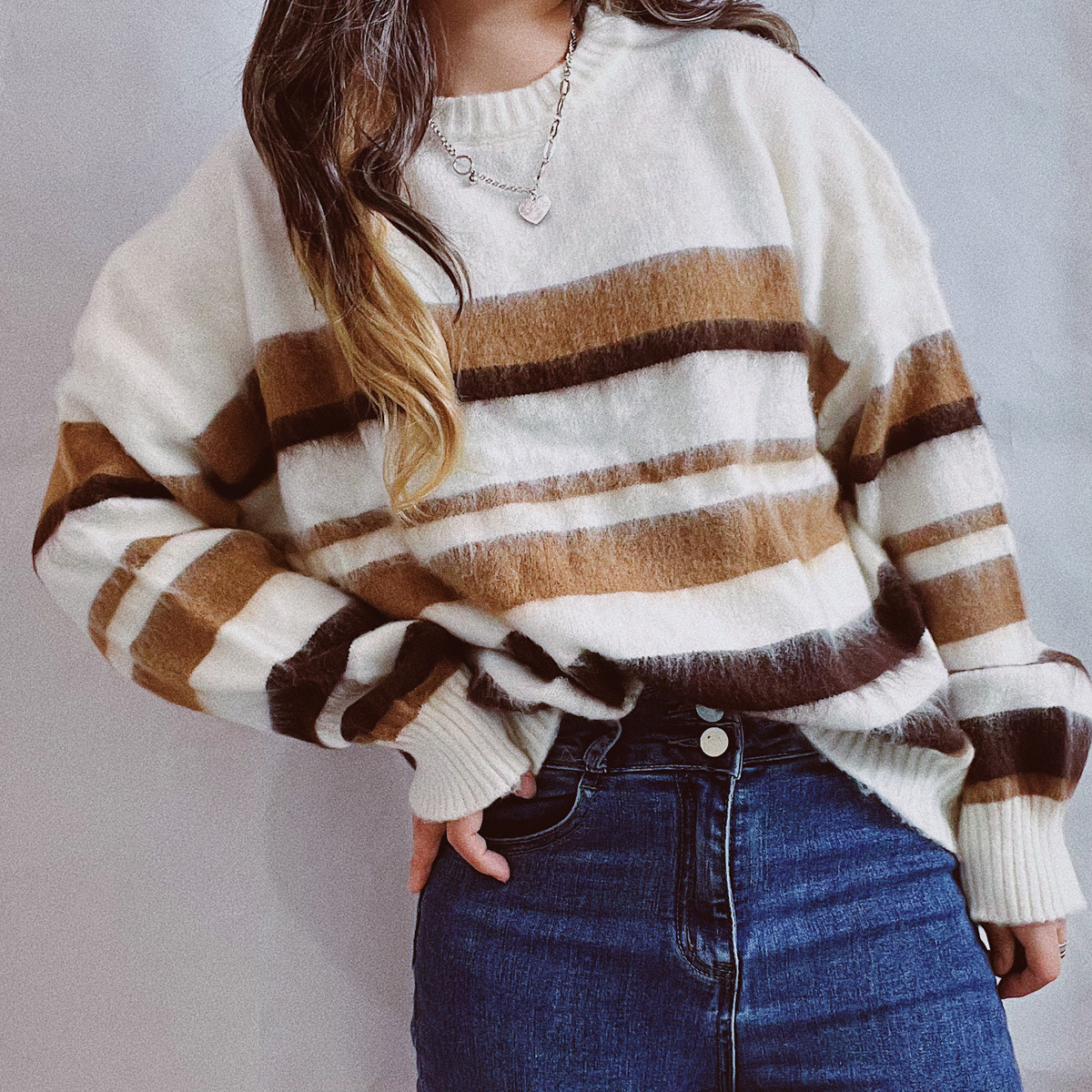 Vintage Long Sleeve Crewneck Striped Sweater-ABOXUN