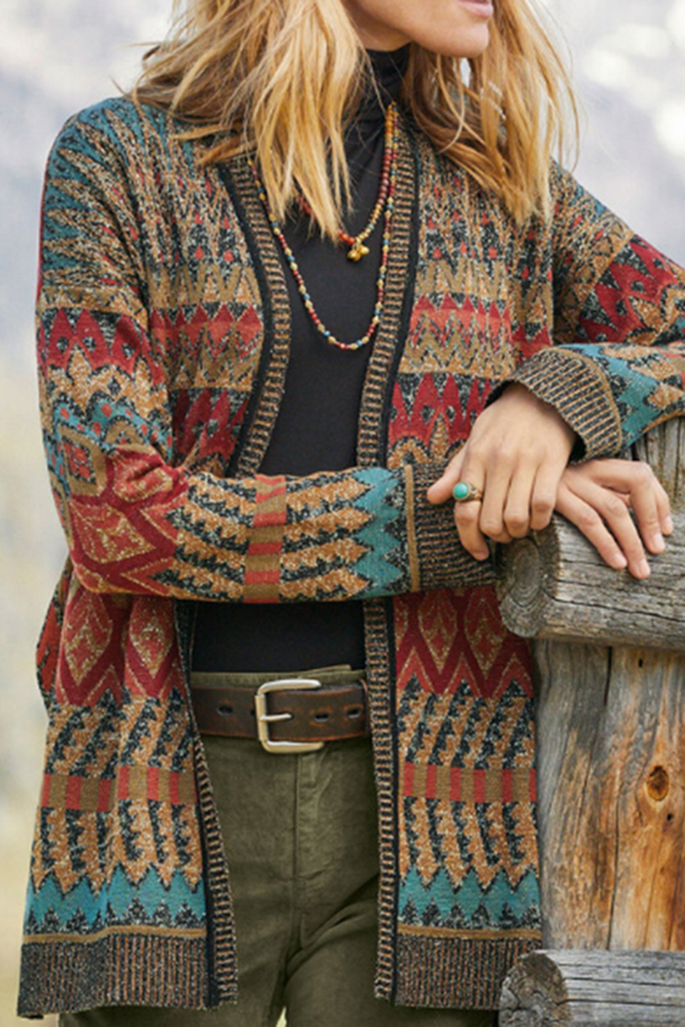 Vintage Ethnic Print Long Sleeve Sweater Cardigan-ABOXUN