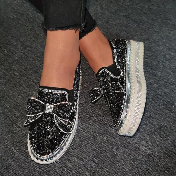 👡Women Shining Rhinestone Slip-on Loafers with Cute Bowknot-ABOXUN