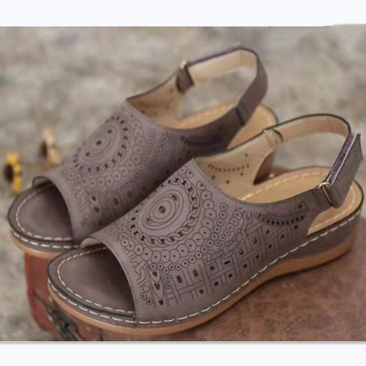 Grishay Ethnic Pattern Punched Hollow Velcro Vintage Sandals-ABOXUN