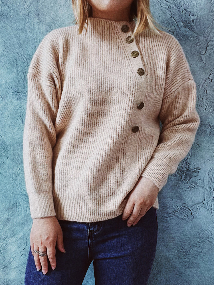 Vintage Solid Diagonal Button Sweater-ABOXUN