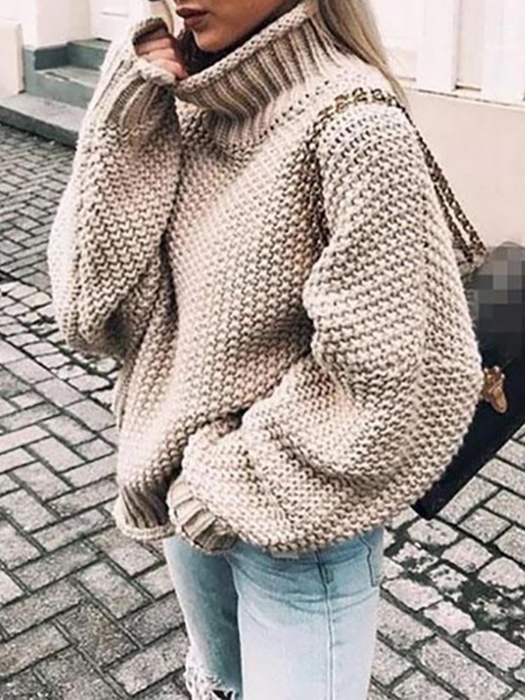 Chunky Half Turtleneck Doll Sleeve Loose Sweater-ABOXUN