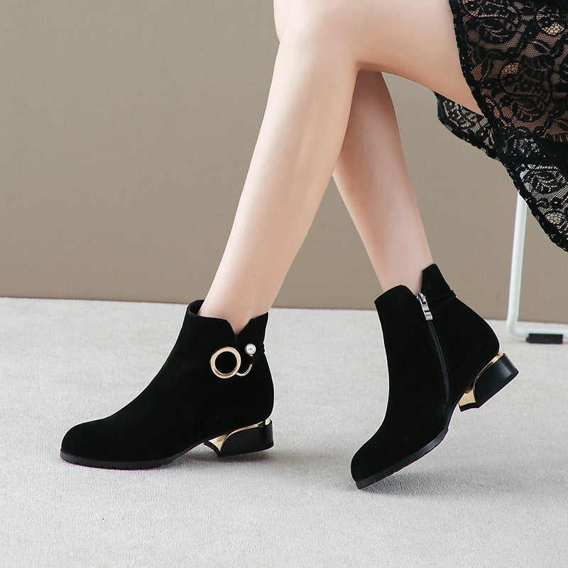 Women's Fall Winter Frosted Chunky Heel Side Zip Ankle Boots-ABOXUN