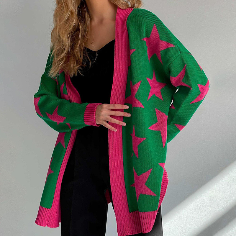 Loose Star Long Sleeve Sweater Cardigan-ABOXUN