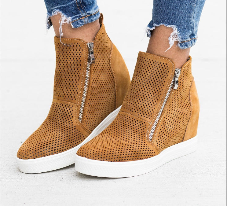 autumn heightened round toe hollow side zip women's shoes-ABOXUN