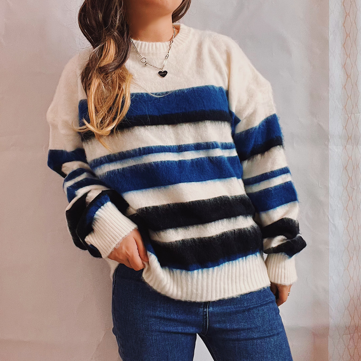 Vintage Long Sleeve Crewneck Striped Sweater-ABOXUN